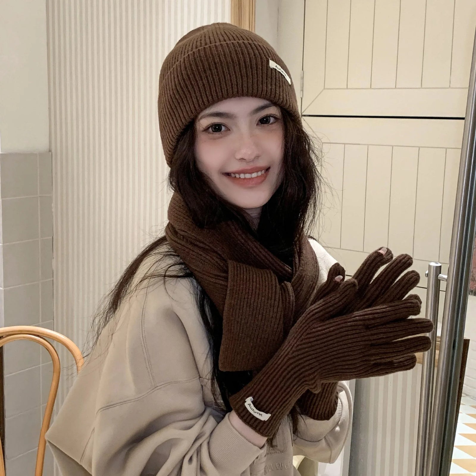 Women's Knitted Hat Scarf and Touchscreen Gloves Set for Winter Wear