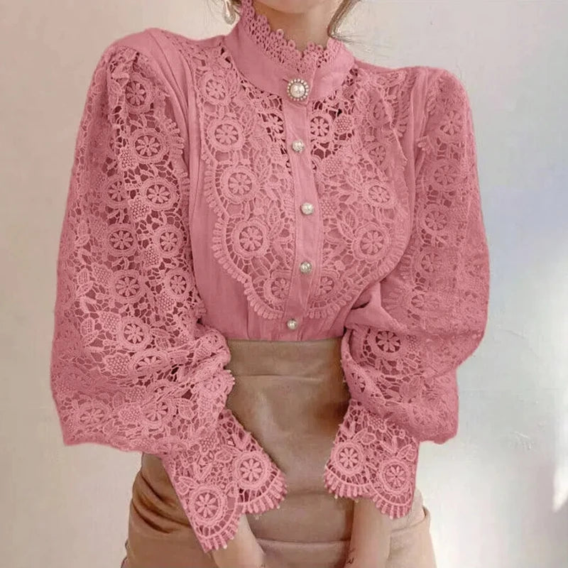 Women's Lace Stand Collar Long Sleeve Button Front Blouse