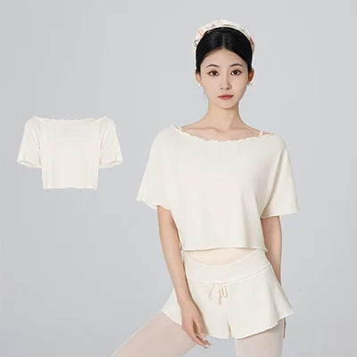 Women's Off Shoulder Cropped Ballet T-Shirt with Short Sleeve Design