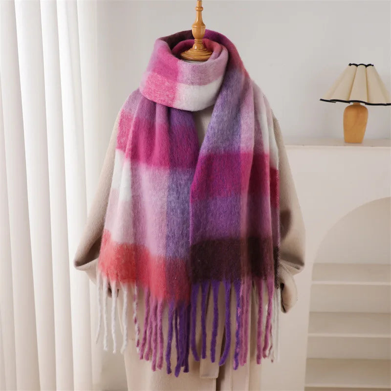 Multicolor Plaid Scarf with Long Shape and Fringed Ends