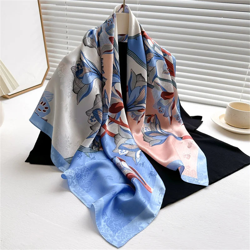 Printed Large Square Scarf with Decorative Border Designs