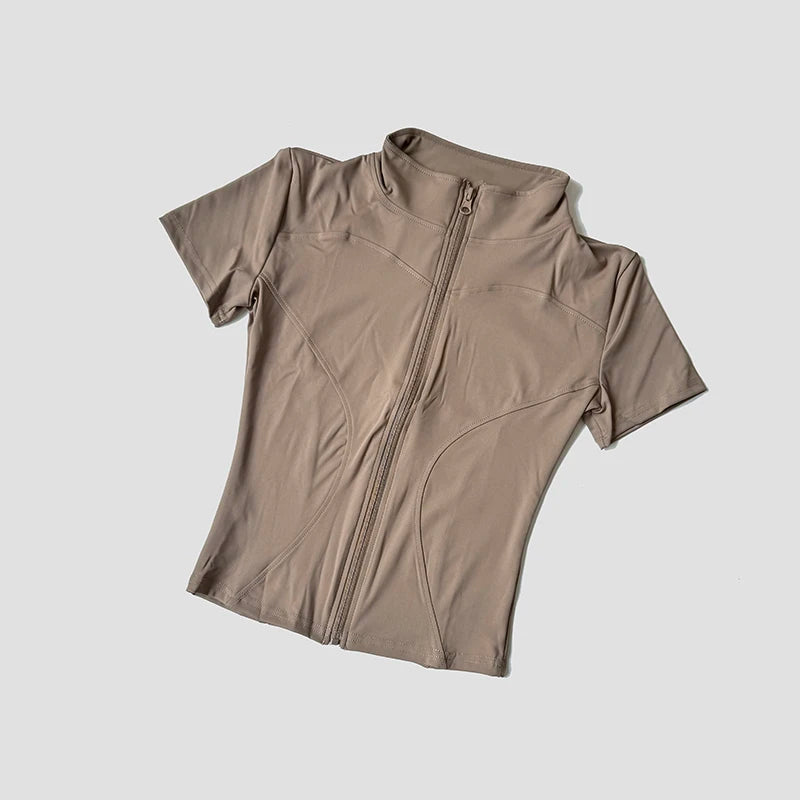 Women’s Slim Fit Short Sleeve Yoga Top with Stand Collar Zip Front