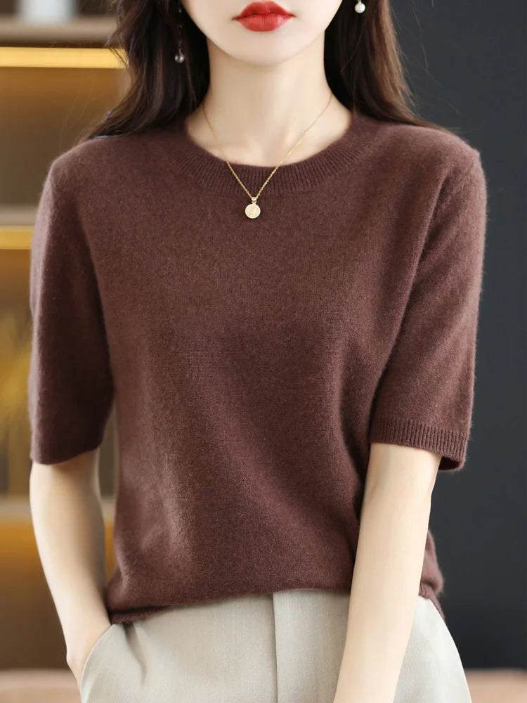Women's Crew Neck Short Sleeve Sweater Casual Knit Layer