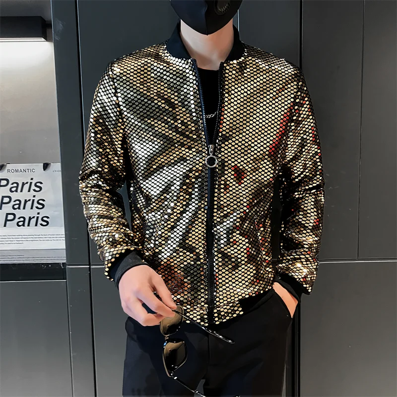 Metallic Finish Long Sleeve Front Zip Casual Bomber Jacket