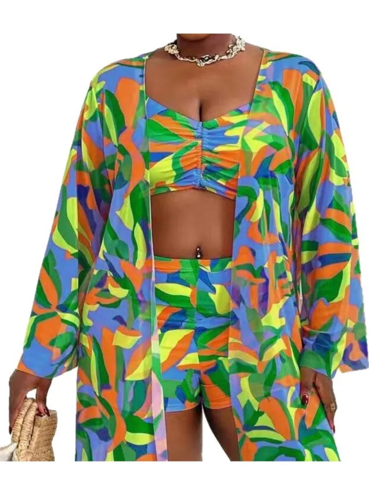 Women's Colourful Printed Bikini Shorts Set with Matching Cover Up