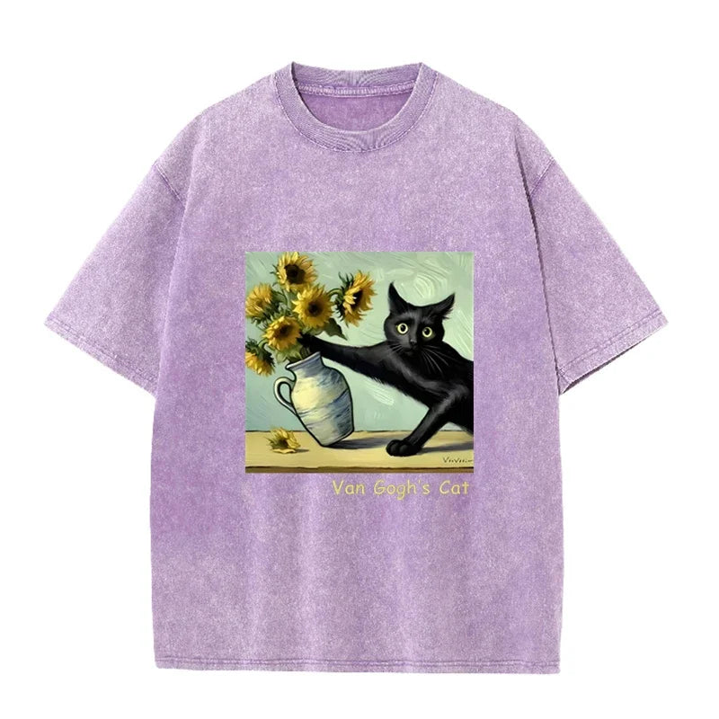 Funny  s Cat Sunflower Art Print Vintage Washed Black Casual Top