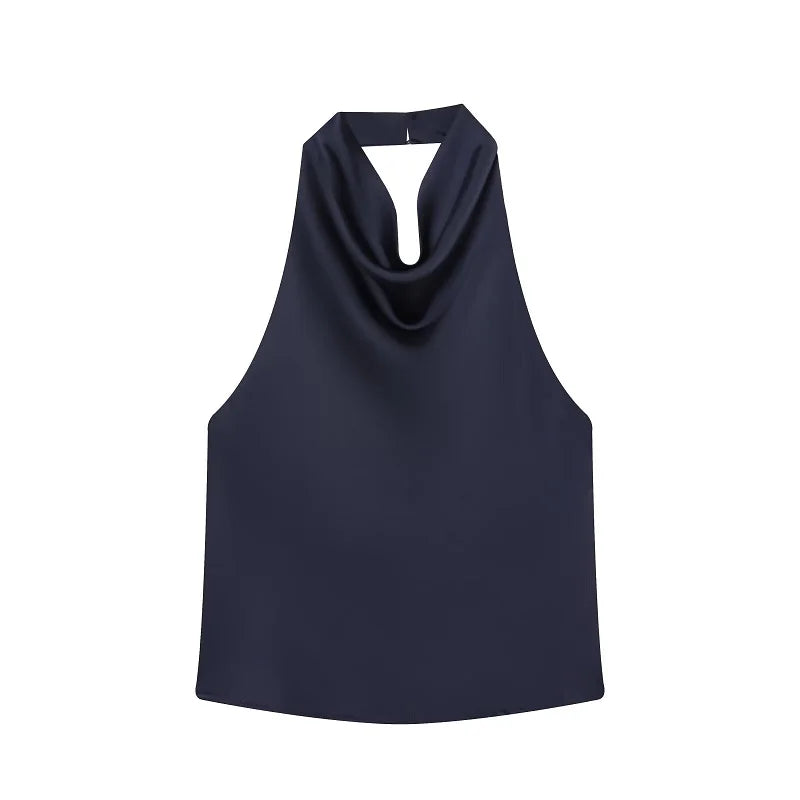 Women's Satin Polyester Halter Camisole with an Open Back and Draped Front