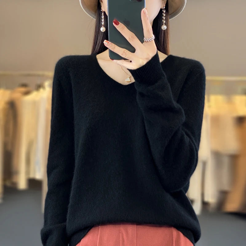 Women's V Neck Long Sleeve Sweater Casual Knit Layer