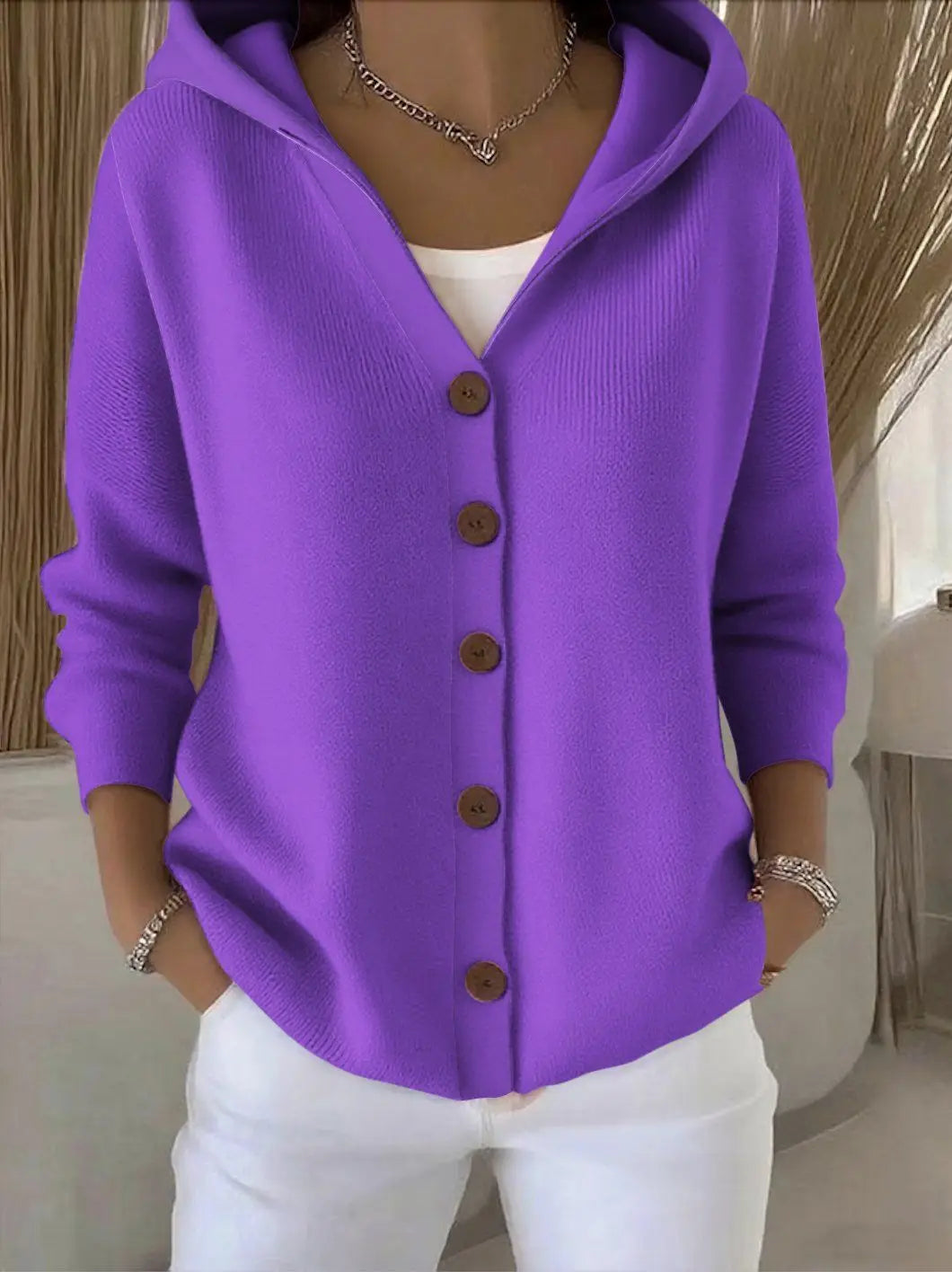 Women's Hooded Button Front Cardigan Casual Knit Layer