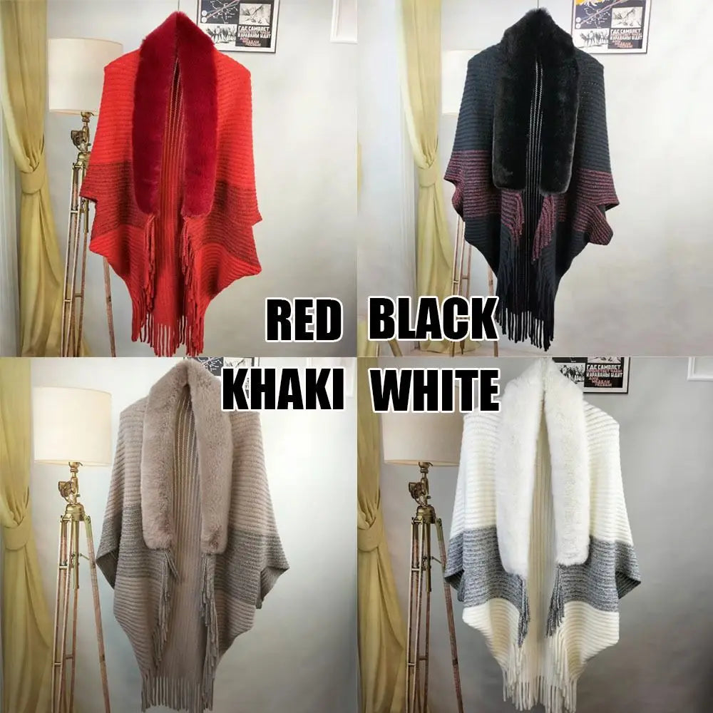 Plush Collar Ribbed Fringe Poncho for Layering over Outfits