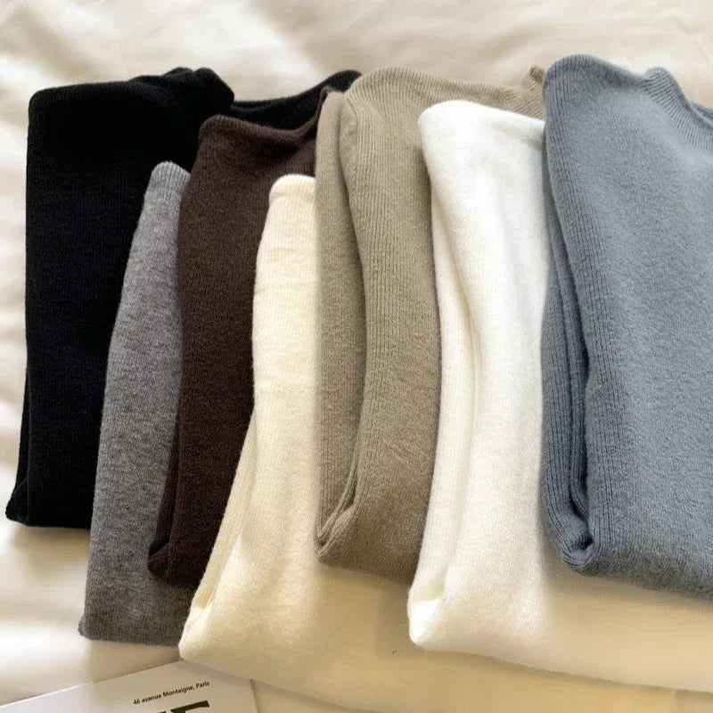 Women's Plain Mock Neck Knit Sweater Casual Knit Layer