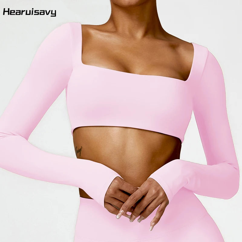Women's Square Neck Long Sleeve Crop Top For Workout Outfits
