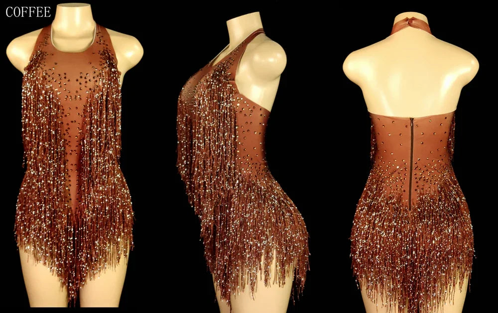 Women's Rhinestone Fringe Halter Dance Bodysuit for Stage Costume Outfits