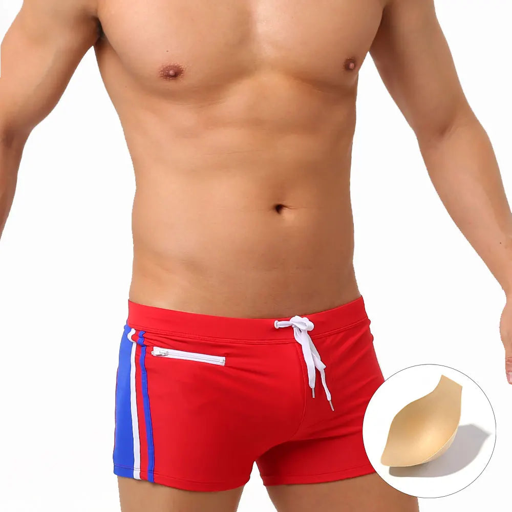 Men's Swimsuit Bottoms in Square-Leg Cut and Zipper Pocket for Beach and Pool Wear