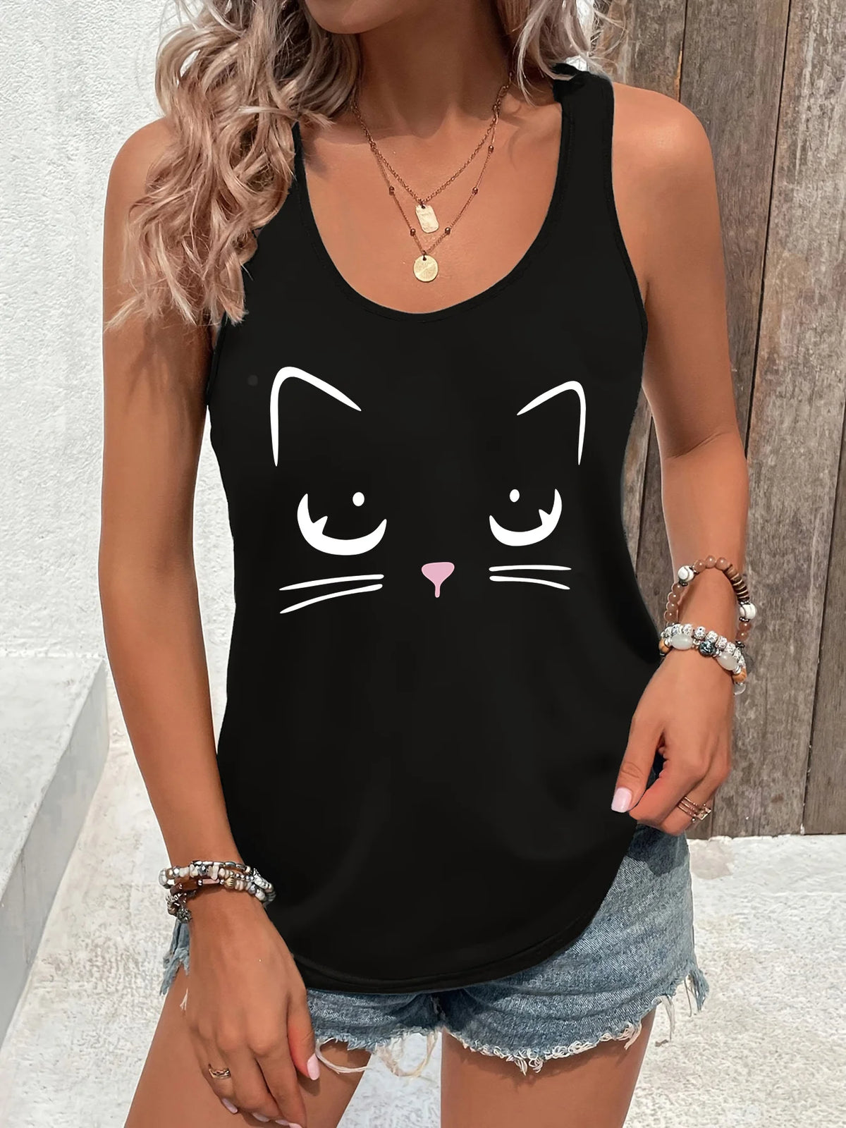 Women's Printed Polyester Tank Top with Round Neck and Relaxed Sleeveless Cut