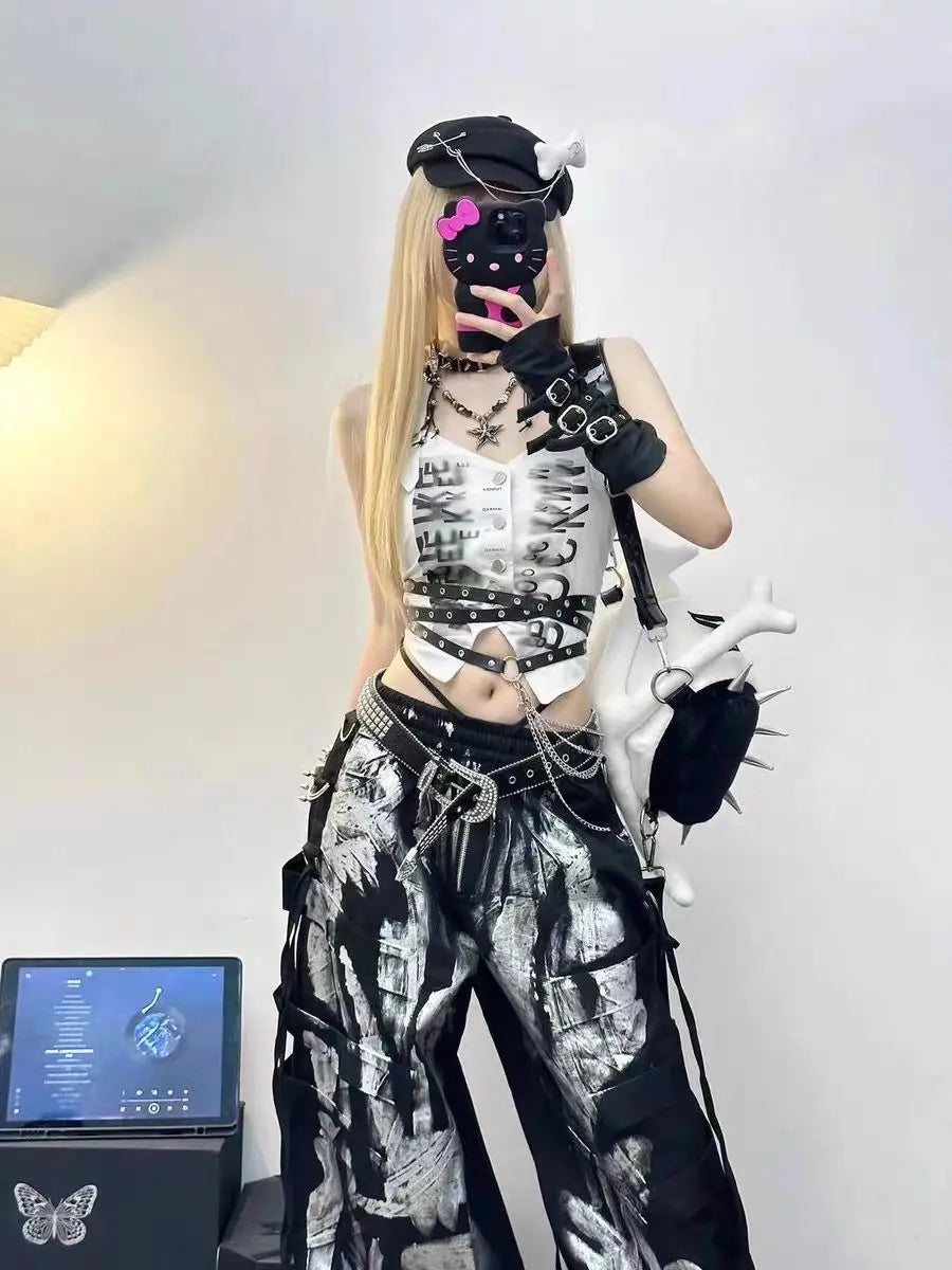 Women's Black Wide Leg Cargo Pants with Silver Painted Pattern