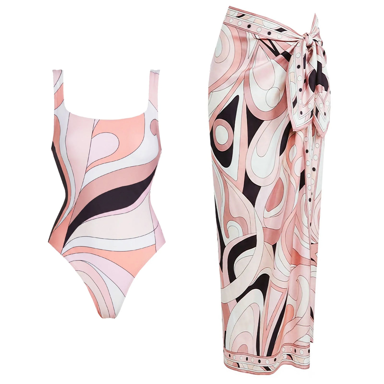 Printed Long Sleeve Swimsuit with Matching Skirt