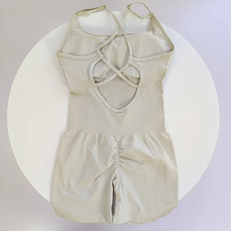 Women's Ribbed Nylon Blend Workout Romper with Lace Up Open Back