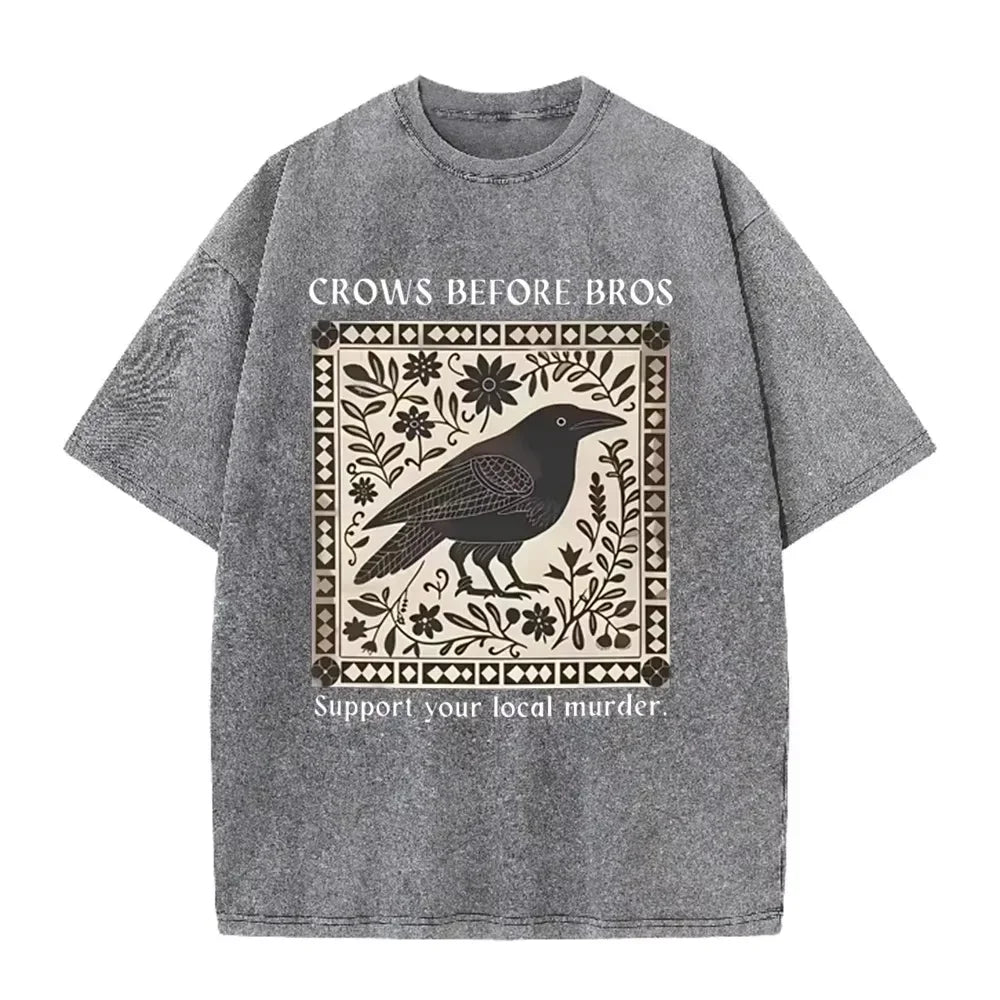 Distressed Vintage Washed Tee Vintage Square Crow Floral Print Support Local Murder Funny Slogan Loose T Shirts