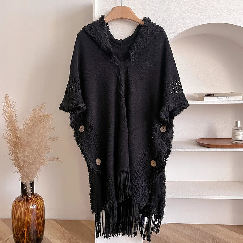 Hooded Crochet Fringe Poncho for Layering over Outfits