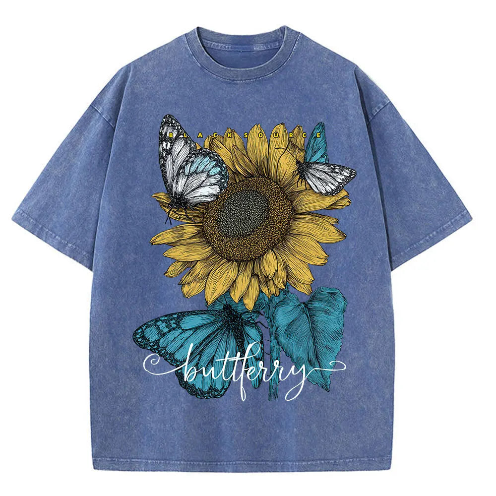Sunflower Butterfly Print Cotton Oversized T-Shirt Women Summer