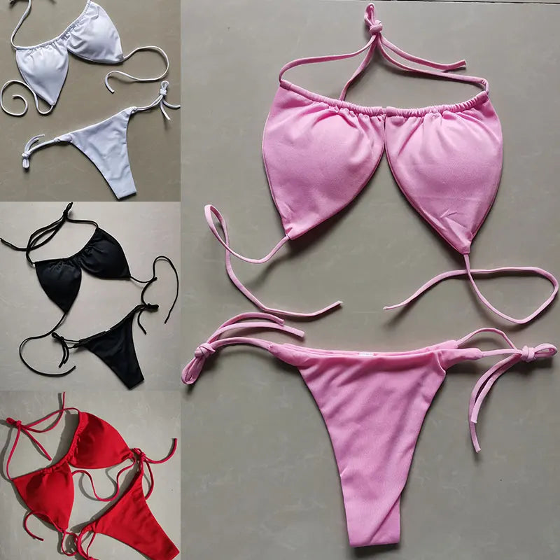 Women's Tie String Triangle Bikini Top and Thong Set