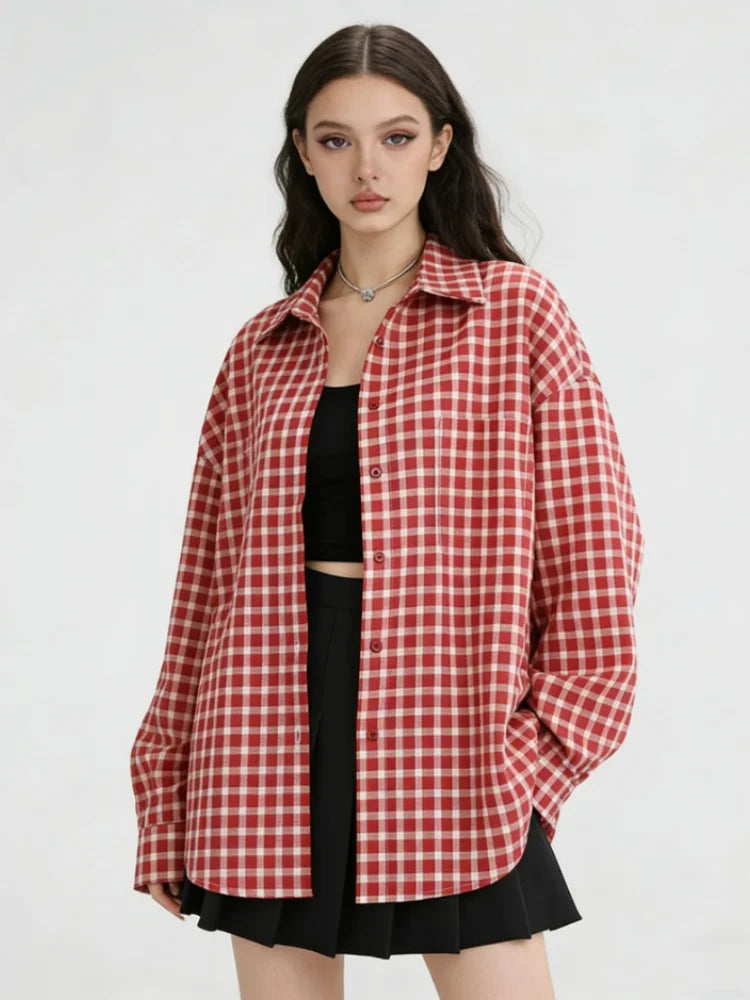 Women's Checked Relaxed Long Sleeve Button Front Shirt