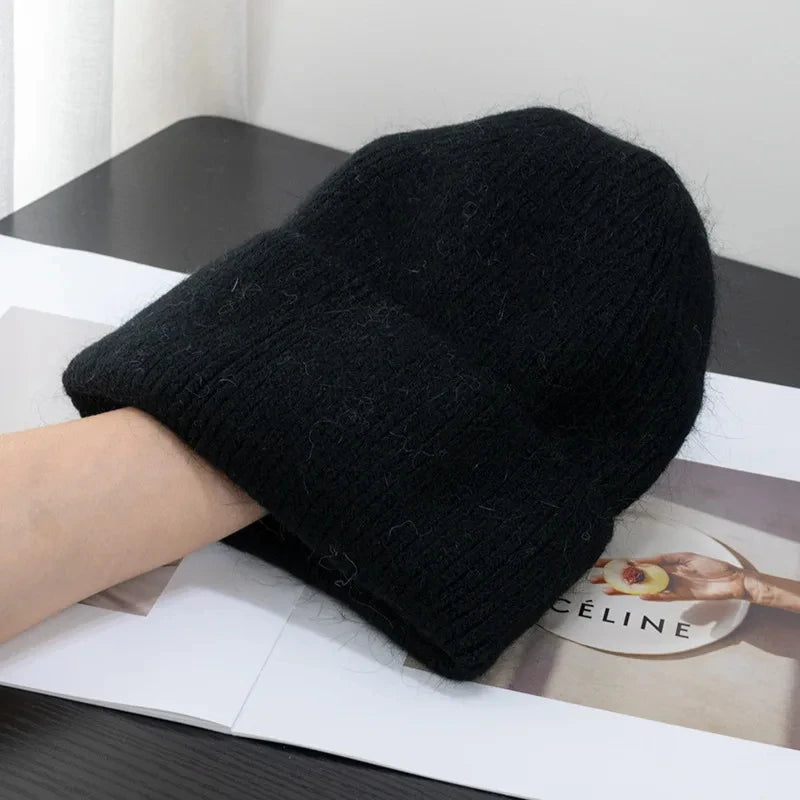 Solid Ribbed Knit Beanie with Folded Cuff Styling