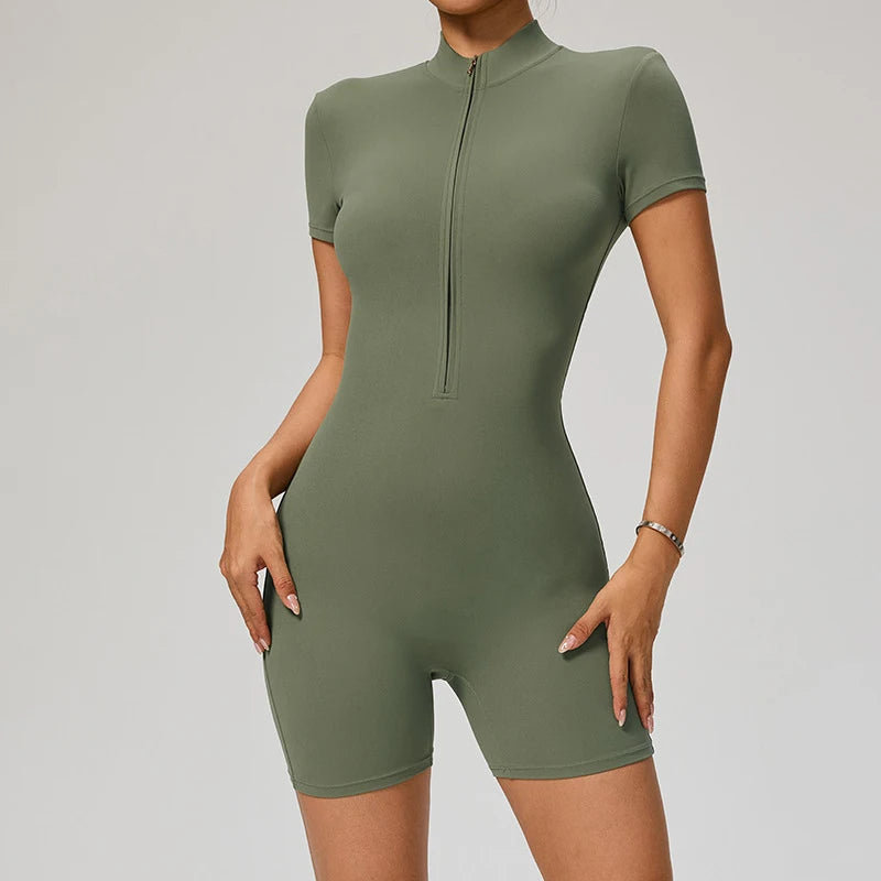 Women's Short Sleeve Nylon Blend Workout Romper with Stand Collar Zip