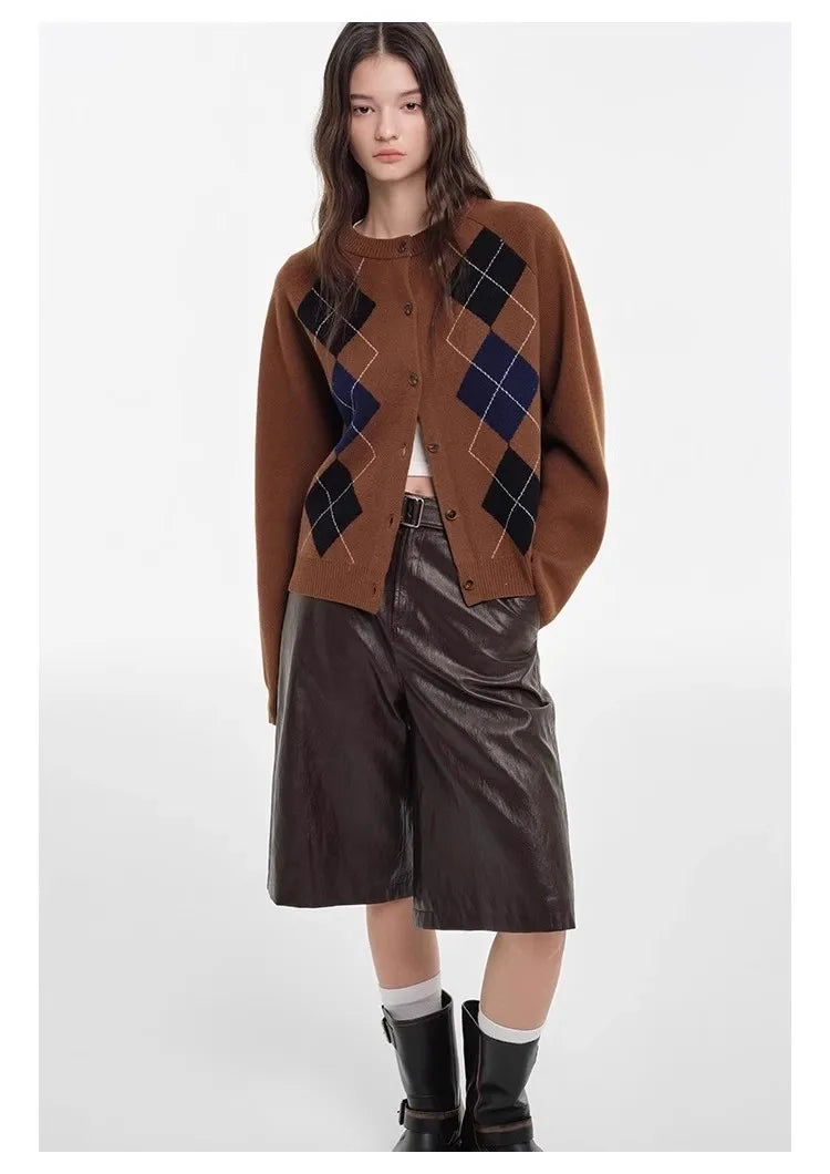 Autumn diamond-shaped cardigan women 100 pure cashmere sweater European high-end color-blocking knitted sweater coat