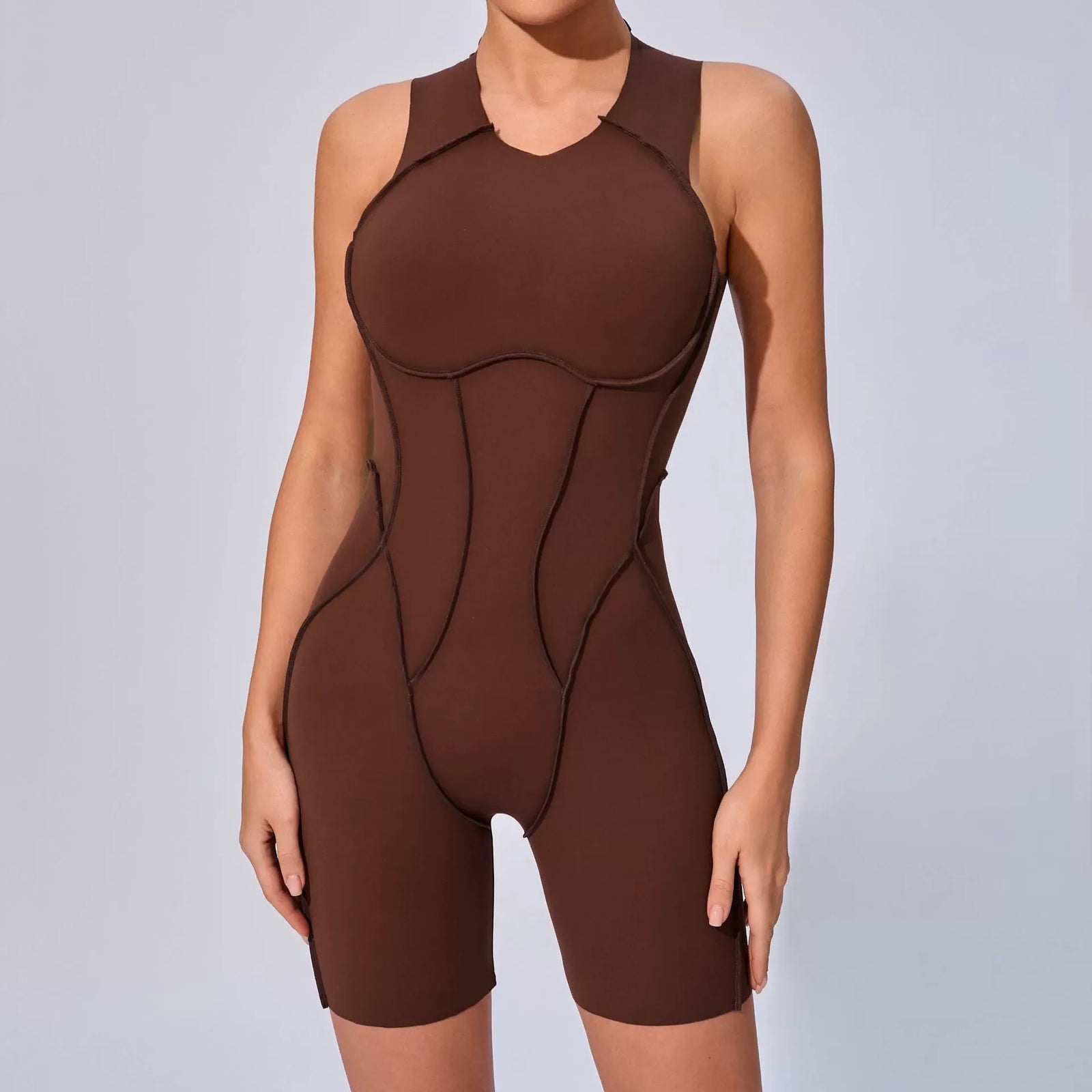 Women's High Neck Nylon Workout Romper with Racerback and Contrast Seams