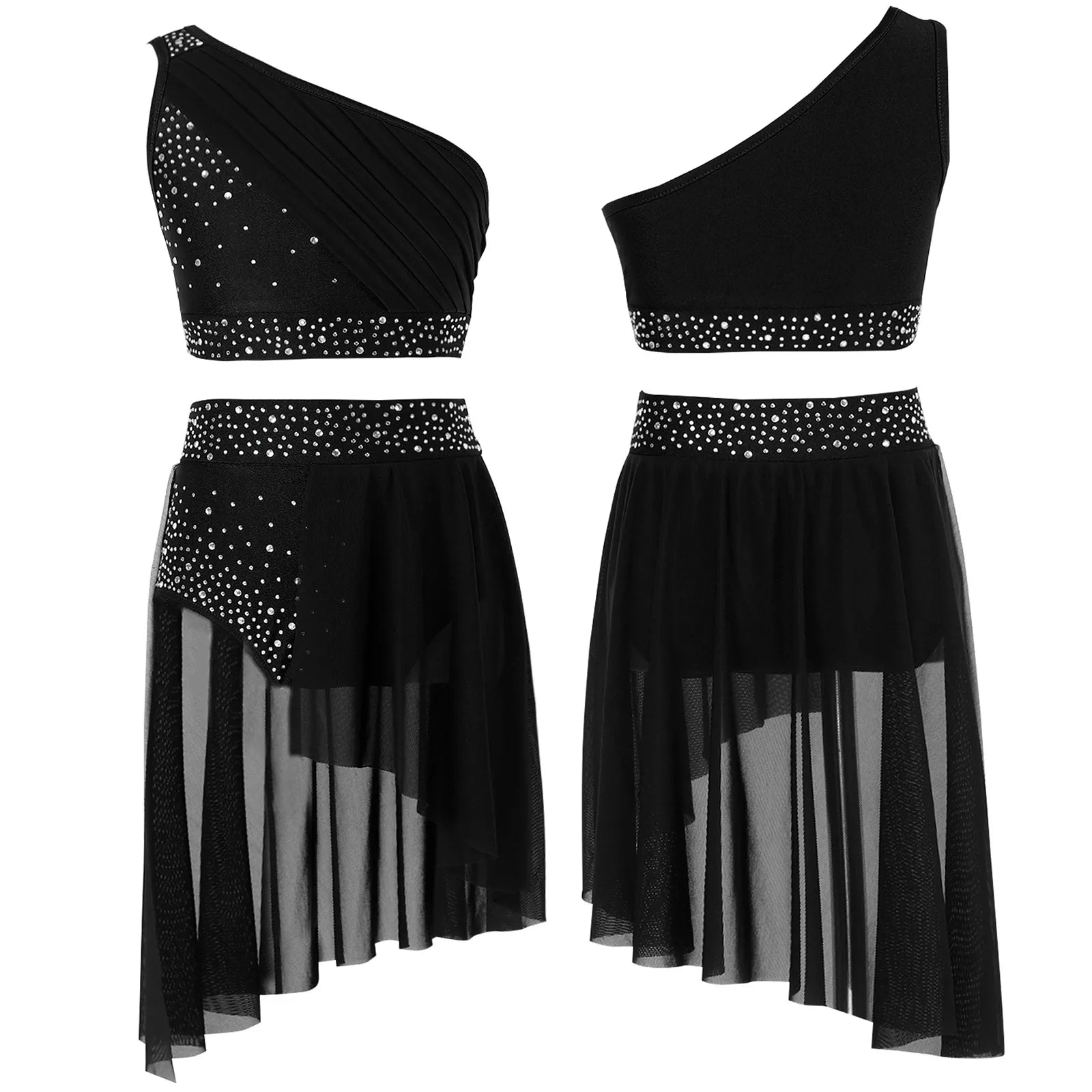 Girls' Lyrical Dance Costume Styles with Rhinestones and Skirted Outfit Options