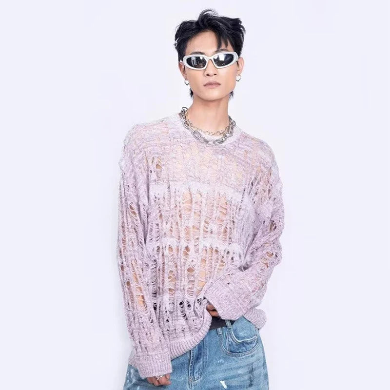 Men's Distressed Openwork Crew Neck Sweater