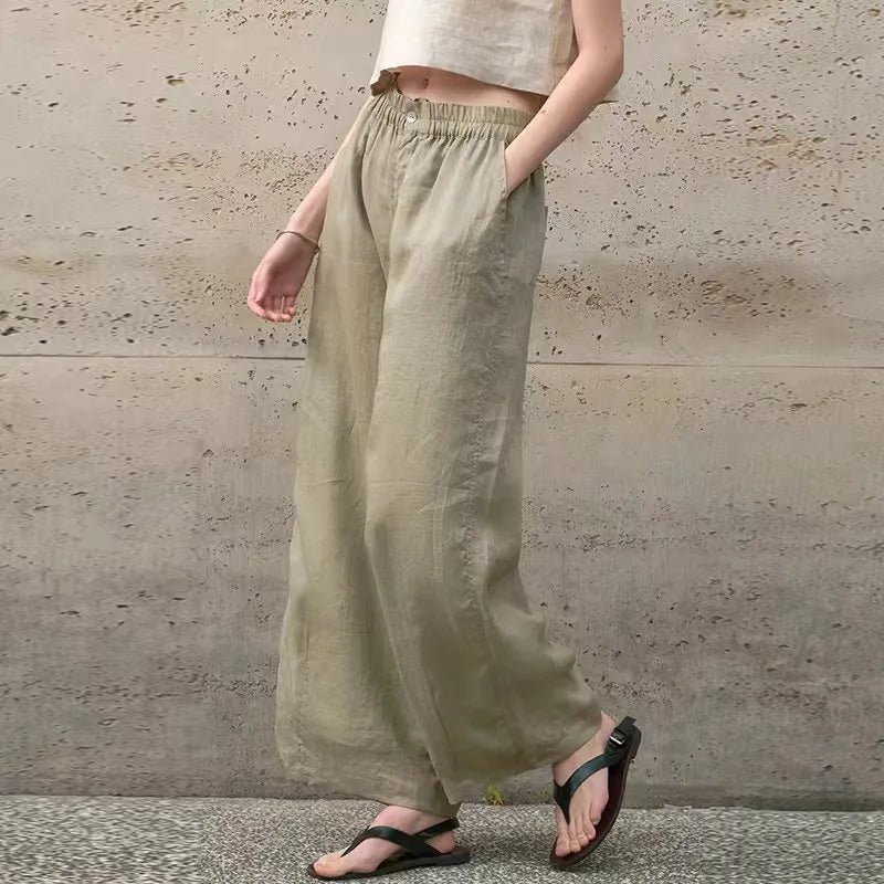 Women's Ramie Loose Straight-Leg Full-Length Pants with Elastic Waist and Side Pockets