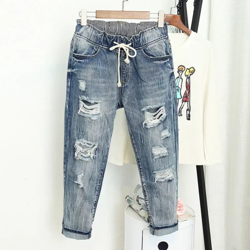 Women's Drawstring Cropped Cuffed Distressed Denim Jeans For Everyday Outfits