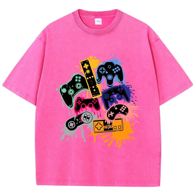 Game Console Graffiti Printing Washed T-Shirt Cotton T Shirts O-Neck Comfortable Distressed Tops Summer Mans Clothes
