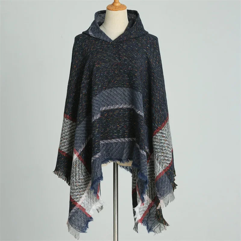 Hooded Stripe Fringe Poncho for Layering over Outfits