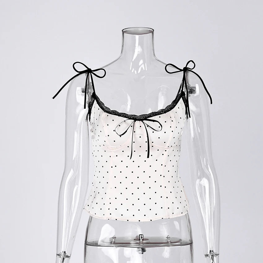 Women's Polka Dot Camisole with Lace Trim and a Bow Detail