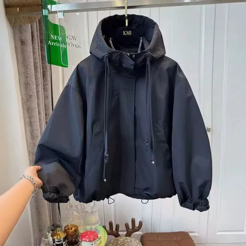Women's Cotton-Polyester Hooded Zip-Front Long-Sleeve Jacket for Casual Spring Autumn Layered Outfits