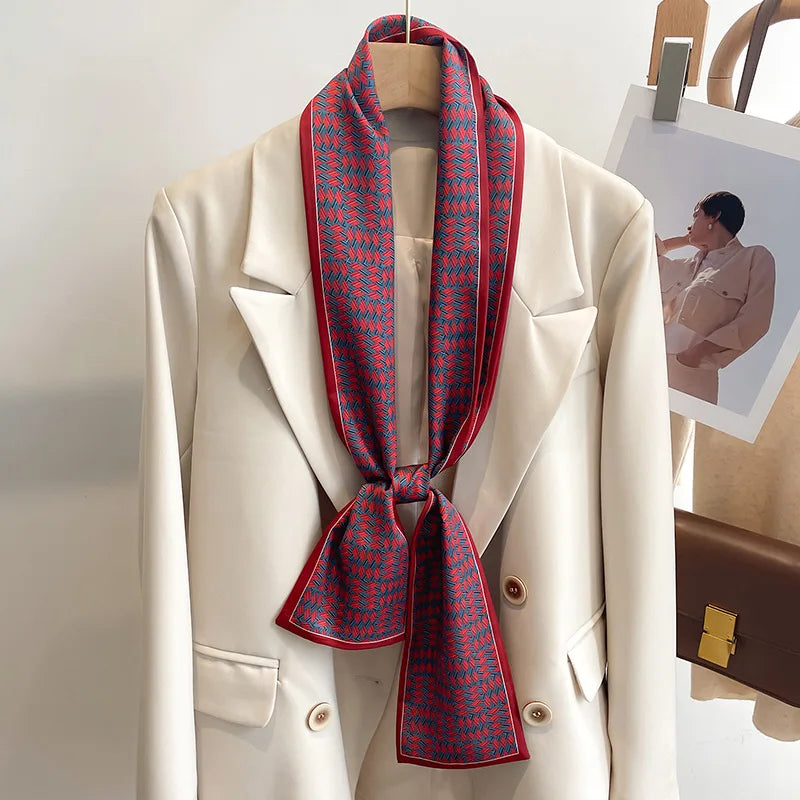 Printed Long Narrow Scarf with Decorative Ribbon Shape