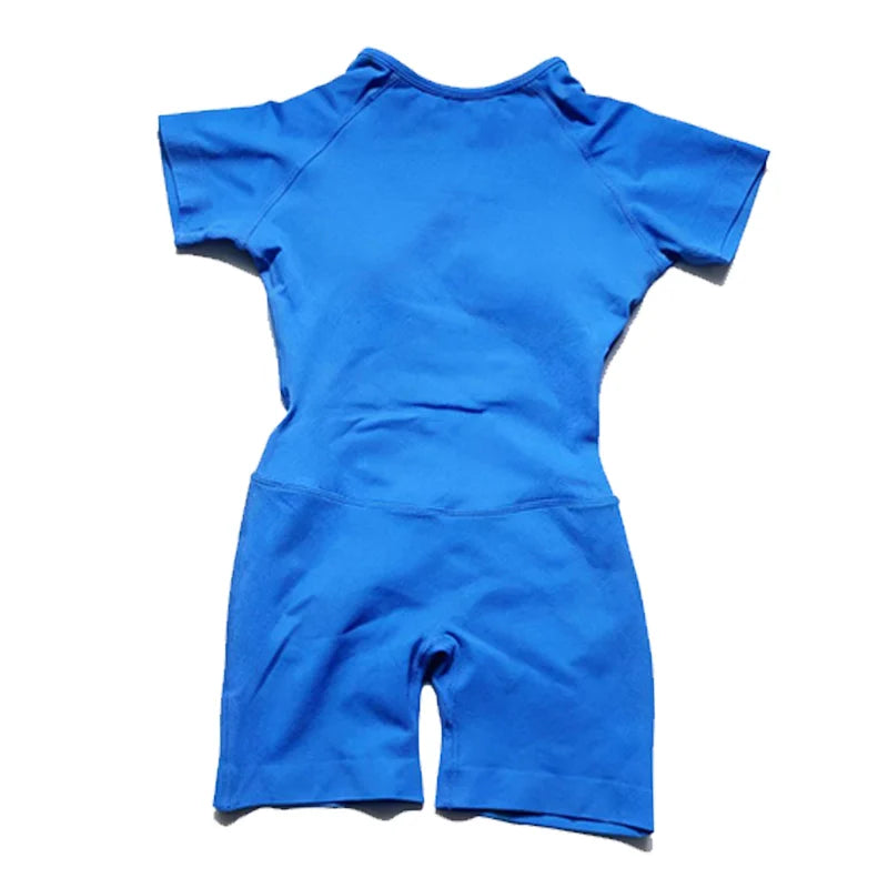 Women's Short Sleeve Nylon Workout Romper with Open Back and Fitted Shorts