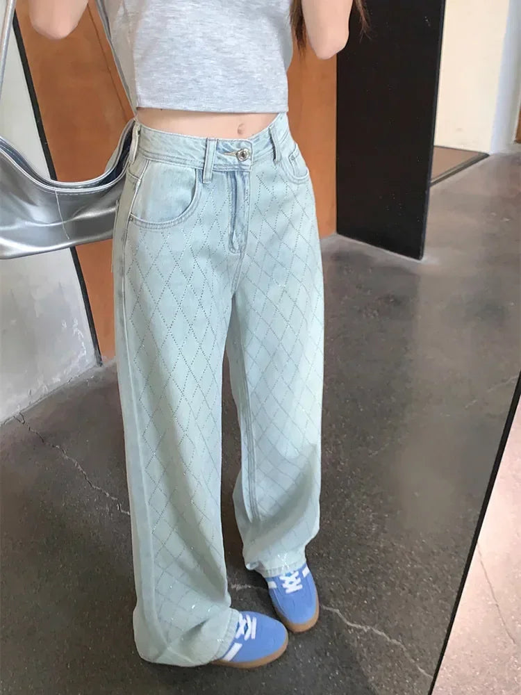 Women's Argyle Diamond Pattern Wide Leg Denim Jeans