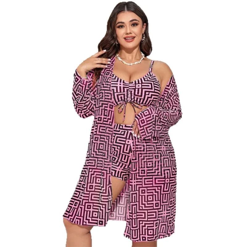 Women's Geometric Print Bikini Shorts Set with Long Sleeve Cover Up