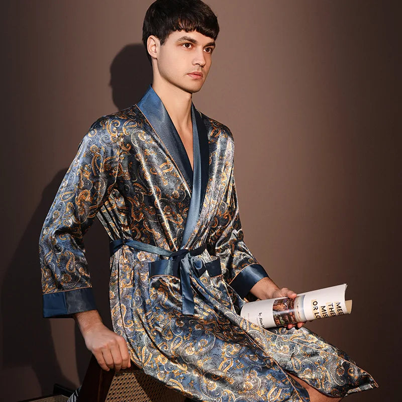 Men's Printed Long Sleeve Tie Waist Lounge Bathrobe