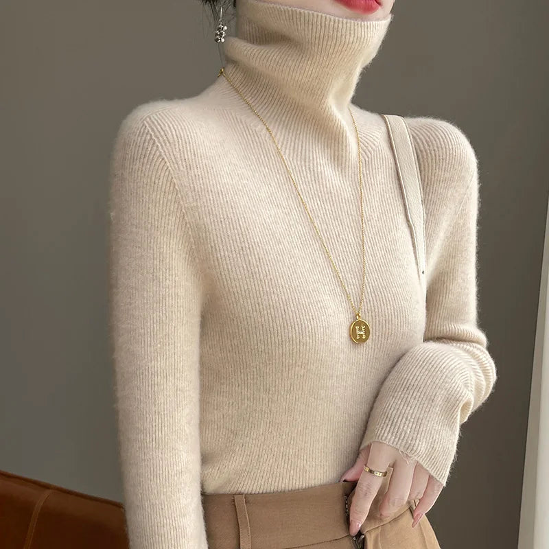 Women's Roll Neck Long Sleeve Sweater Casual Knit Layer