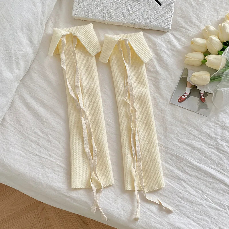 Solid Calf Leg Warmers with Decorative Ribbon Tie Details