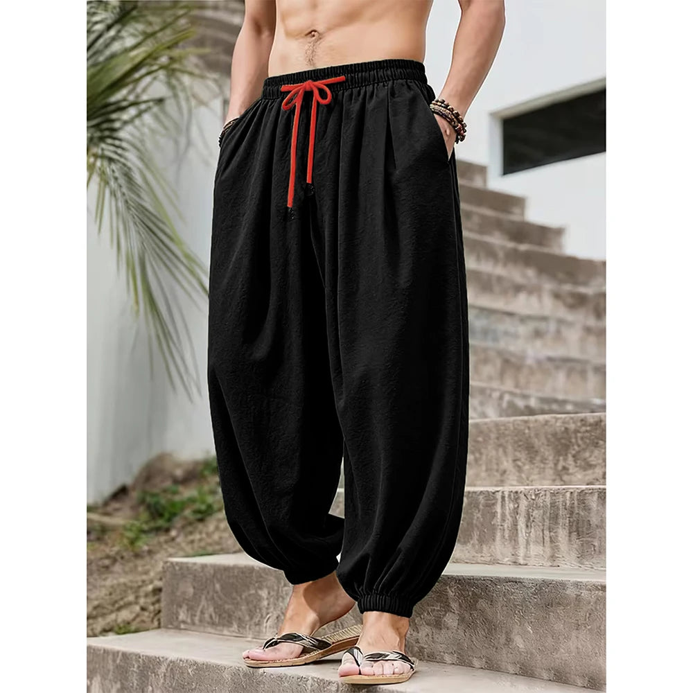 Men's Loose-Fit Cotton-Linen Harem Pants with Elastic Waist and Gathered Cuffs