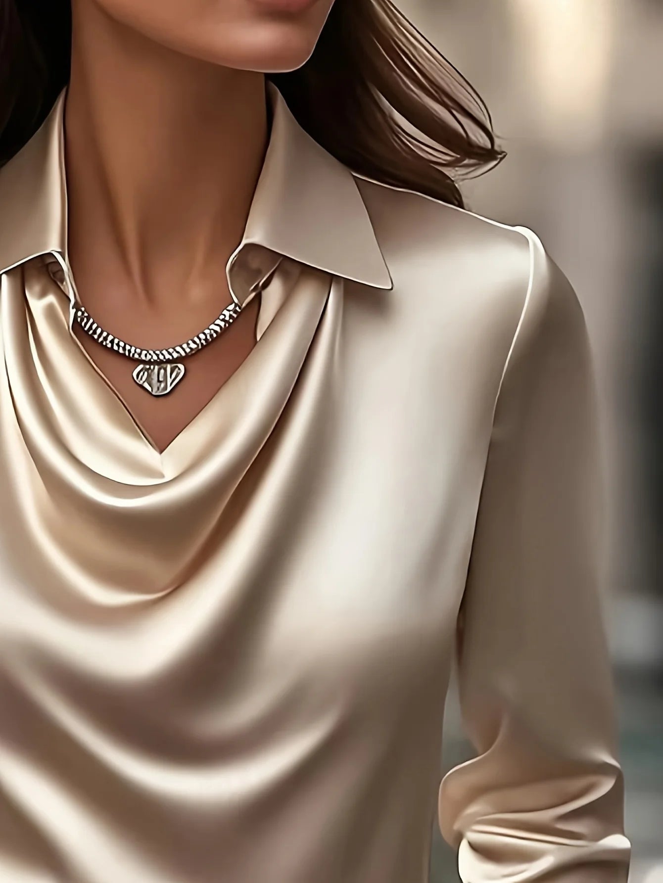 Women's Satin Look Cowl Neck Long Sleeve Blouse