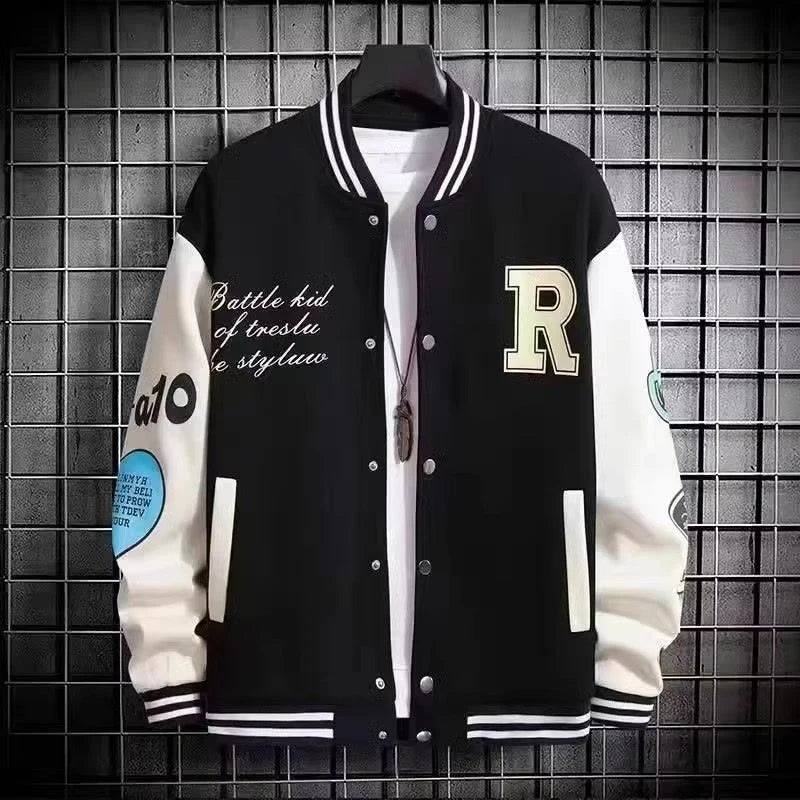 Graphic Long Sleeve Button Front Casual Varsity Style Jacket
