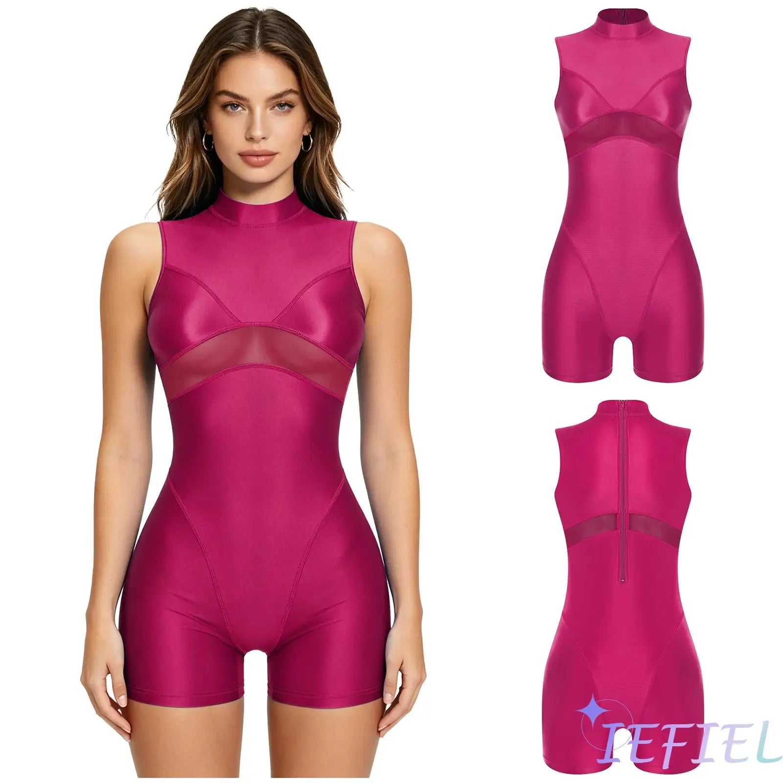 Women's Sleeveless Nylon Mesh Romper with a Mock Neck and Back Zip
